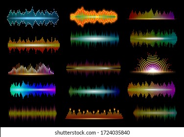 Neon sound waves of music digital equalizer vector design of audio technology. Music wave abstract patterns of audio spectrum with bright light bars of beat pulse and volume lines, musical waveforms