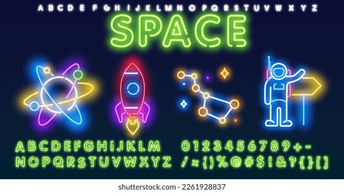 Neon Space and astronomy line icons set - spacecraft, satellite, celestial bodies, solar system, galaxy, constellation, UFO or flying saucer, alien, observatory, telescope.