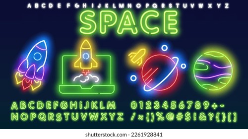 Neon Space and astronomy line icons set - spacecraft, satellite, celestial bodies, solar system, galaxy, constellation, UFO or flying saucer, alien, observatory, telescope.