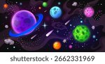 Neon space background. Planets in universe, galaxy wallpaper. Starry sky. Futuristic planetary system design. Cosmic asteroid, deep dark night, interstellar exploration. Vector tidy illustration