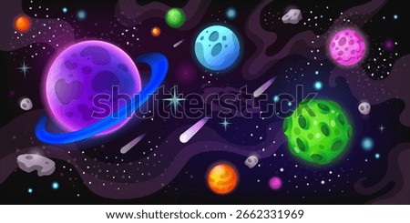 Neon space background. Planets in universe, galaxy wallpaper. Starry sky. Futuristic planetary system design. Cosmic asteroid, deep dark night, interstellar exploration. Vector tidy illustration
