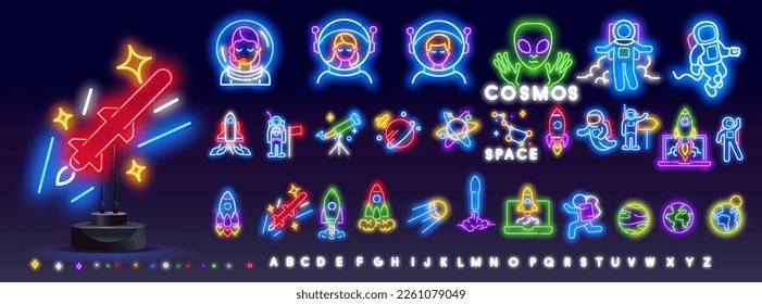 Neon space icons set, rocket, ufo, Saturn planet and star signs, rocketship with flame, glowing fluorescent light on dark wall.