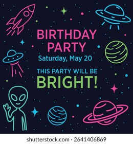 Neon Space Party Frame Template Colorful neon-style space illustration featuring planets, rockets, UFOs, stars, and a friendly alien. Perfect as a vibrant frame or background for kids parties