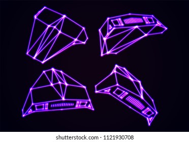 Neon space ships set of attacking invaders or defending fighters with 80s retro arcade game style and laser geometric contour. Shiny silhouette on dark background