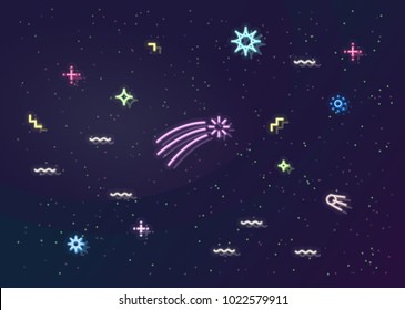 Neon space with stars, comet and satellite. Night illuminated universe background or backdrop. Isolated geometric style illustration.
