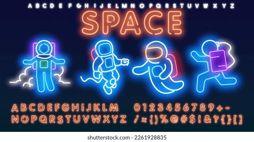 Neon Space suit and cosmonaut. Set of vector line neon icons, sign and symbols with text elements of space for modern concepts, web and apps. Collection of infographics logos and pictograms.