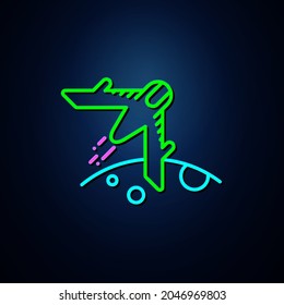 Neon spacecraft orbiting planet, neon line looks clear. Space related neon icon. neon space icon.