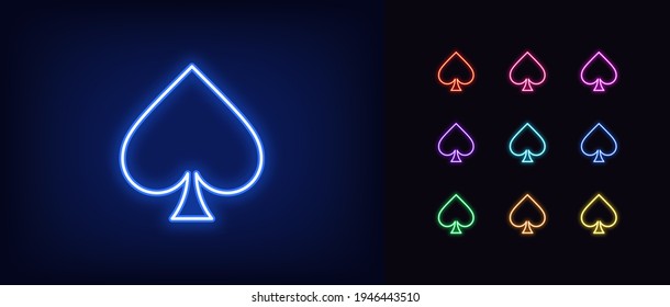 Neon spade suit icon. Glowing neon spades sign, outline card suit symbol and silhouette in vivid colors. Poker playroom, card game and trick, poker tournament. Vector icon set, sign, pictogram for UI