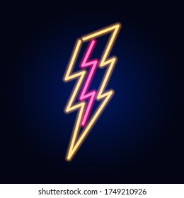 Neon spark or Lightning. Fashion sign. Night light signboard, Glowing banner. Summer emblem. Female Dreams. Club Bar logo on dark background. 