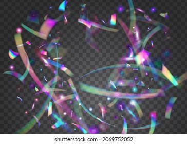 Neon Sparkles. Flying Art. Holographic Confetti. Birthday Background. Surreal Foil. Disco Flyer. Retro Realistic Wallpaper. Blue Shiny Effect. Violet Neon Sparkles