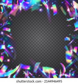 Neon Sparkles. Transparent Background. Festive Foil. Metal Carnaval Illustration. Falling Glare. Party Banner. Purple Retro Effect. Glamour Art. Blue Neon Sparkles