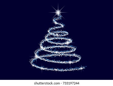Neon sparkling Christmas tree with glittering stars on a dark blue background.