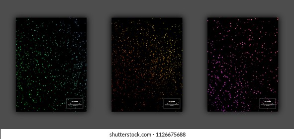 Neon sparkling dots abstract flyer design set, vector illustration. Glowing futuristic pattern, black cover, disco club invitation concept.