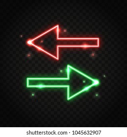 Neon sparkling red and green arrows pointing left and right. Abstract electric light background.