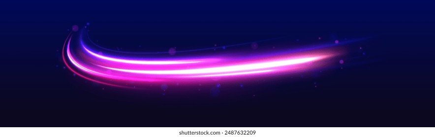 Neon sparks light trail, fire flare, expressway concept. Abstract background in blue, yellow and orange neon colors.	