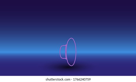Neon speaker symbol on a gradient blue background. The isolated symbol is located in the bottom center. Gradient blue with light blue skyline