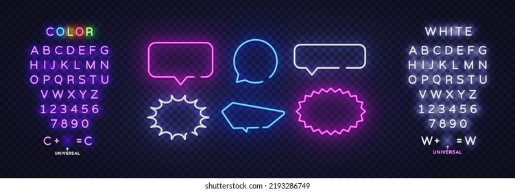 Neon speech bubble in line art style on blue background. Dialog, chat speech bubble. Electric power. Vector design