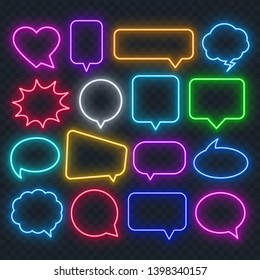 Neon speech bubble on a transparent background. Bright light frames for quotes and text. Vector.