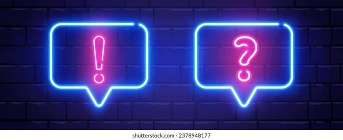 Neon-Sprechblase mit Frage- und Ausrufezeichen. Quiz Neonbanner. Farbneonrahmen auf Ziegelwand. Realistisches helles Nachtschild. Trivia Online-Spiel mit Fragen. Vektorgrafik.