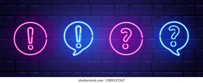 Neon speech bubble with question and exclamation mark. Quiz neon long banner. Color neon frame on brick wall. Realistic bright night signboard. Trivia online game with questions. Vector illustration.