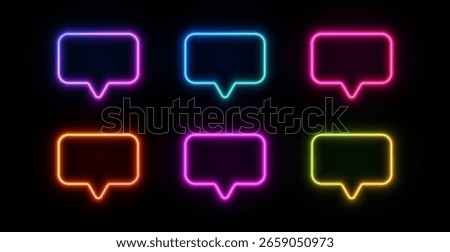 Neon speech bubble sign. Glow chat icons for text and talk. Vector template led box used in discounts, dialogs or comments.