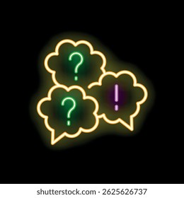 Neon speech bubbles are glowing on a black background, showing question marks and an exclamation mark