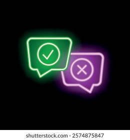 Neon speech bubbles showing tick and cross signs, concept of positive versus negative, right and wrong choices