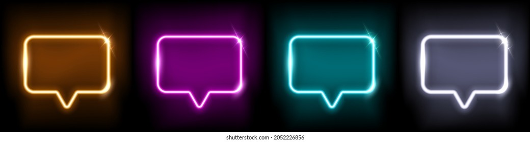 Neon speech chat bubble set vector illustration. Shiny message sign with glowing neon frame border in orange pink blue white, retro dialog cloud or thinking bubble isolated on dark background