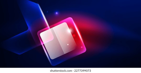 Neon speed arrow and line shapes background. Hi-tech concept with shiny backdrop. Bright flare light effect in the dark