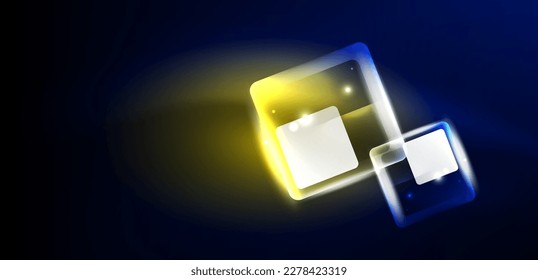 Neon speed arrow and line shapes background. Hi-tech concept with shiny backdrop. Bright flare light effect in the dark