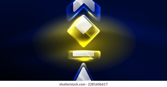 Neon speed arrow and line shapes background. Hi-tech concept with shiny backdrop. Bright flare light effect in the dark