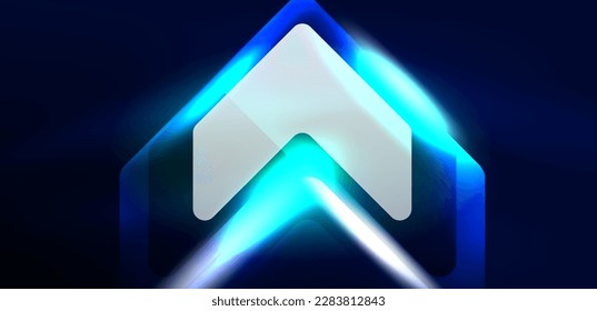 Neon speed arrow and line shapes background. Hi-tech concept with shiny backdrop. Bright flare light effect in the dark