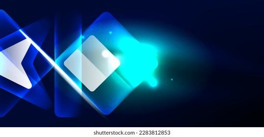 Neon speed arrow and line shapes background. Hi-tech concept with shiny backdrop. Bright flare light effect in the dark