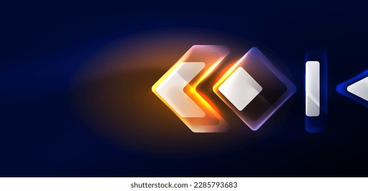 Neon speed arrow and line shapes background. Hi-tech concept with shiny backdrop. Bright flare light effect in the dark
