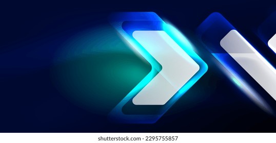 Neon speed arrow and line shapes background. Hi-tech concept with shiny backdrop. Bright flare light effect in the dark