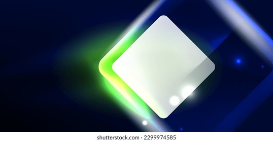 Neon speed arrow and line shapes background. Hi-tech concept with shiny backdrop. Bright flare light effect in the dark