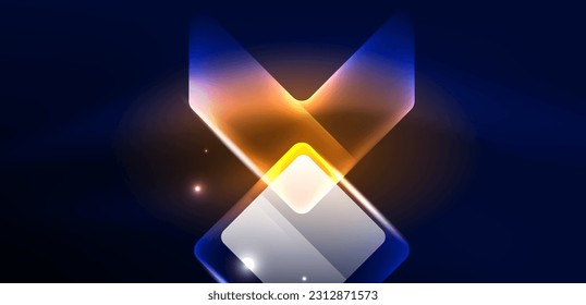 Neon speed arrow and line shapes background. Hi-tech concept with shiny backdrop. Bright flare light effect in the dark