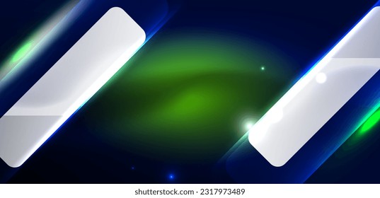 Neon speed arrow and line shapes background. Hi-tech concept with shiny backdrop. Bright flare light effect in the dark