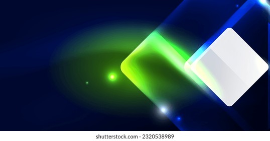 Neon speed arrow and line shapes background. Hi-tech concept with shiny backdrop. Bright flare light effect in the dark