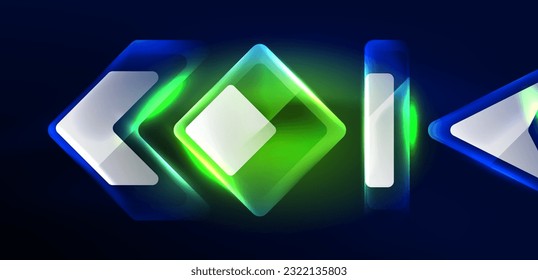 Neon speed arrow and line shapes background. Hi-tech concept with shiny backdrop. Bright flare light effect in the dark