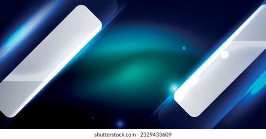 Neon speed arrow and line shapes background. Hi-tech concept with shiny backdrop. Bright flare light effect in the dark