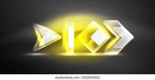 Neon speed arrow and line shapes background. Hi-tech concept with shiny backdrop. Bright flare light effect in the dark
