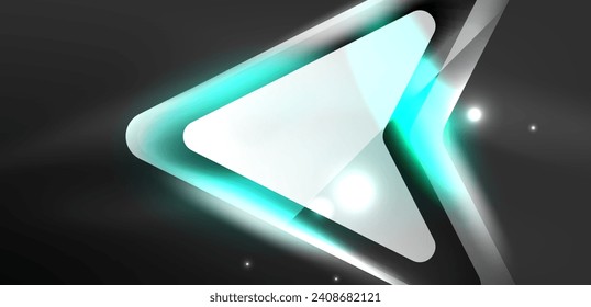 Neon speed arrow and line shapes background. Hi-tech concept with shiny backdrop. Bright flare light effect in the dark