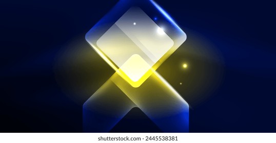 Neon speed arrow and line shapes background. Hi-tech concept with shiny backdrop. Bright flare light effect in the dark