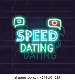 Neon Speed Dating Schriftposter. Isolierte Illustration auf Backsteinwand Hintergrund.