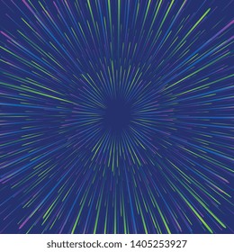 Neon speed explosion in space vector background. Burst lines with lights motion futuristic illustration