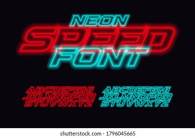 Neon Speed letters set. Red and blue race font. Cyberpunk Italic bold style vector alphabet. Fonts for event, promo, logo, banner, monogram and poster. Racing Typeset design