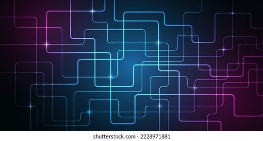 Neon speed lights motion background. Realistic lights. Glowing geometric lines on the blue background. High-tech communication concept for presentation or banner.