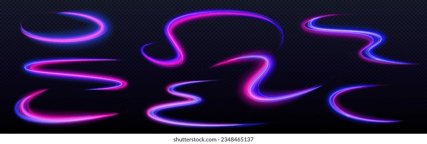 Neon speed line light effect with swirl glow wave abstract vector. Spiral energy flare curve motion. Futuristic flying blue wind beam with shiny glitter particle. Transparent blur twist element