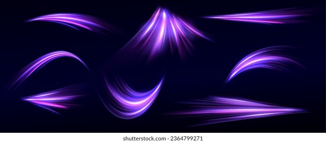 Neon speed lines. Dynamic light motion traces. Light trace wave, trace line.